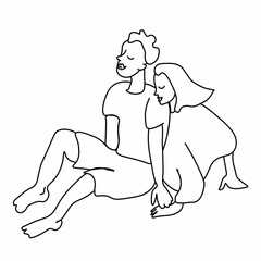 A vector heterosexual couple with a black line. Man and woman holding hands doodle style. Lovers walking hand draw for Valentine's Day. Design for social networks, articles, posters, cards, web.