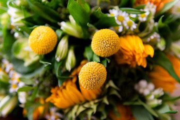 bouquet of yellow flowers close up. flower arrangement