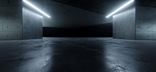 Garage Cement  Sci Fi Concrete Grunge Dark Underground Studio hangar Parking Car Showroom Orange Blue Lights Modern Background Futuristic 3D Rendering