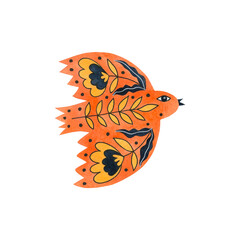 Watercolor bird painted in folk art isolated on white background.