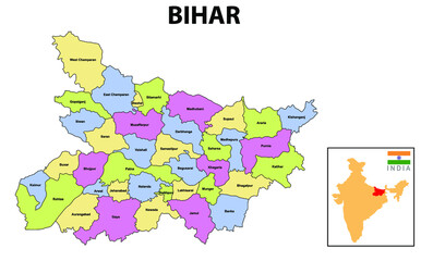 Bihar Map. bihar district map, India. Bihar, India, vector map isolated on white background. High detailed silhouette illustration.