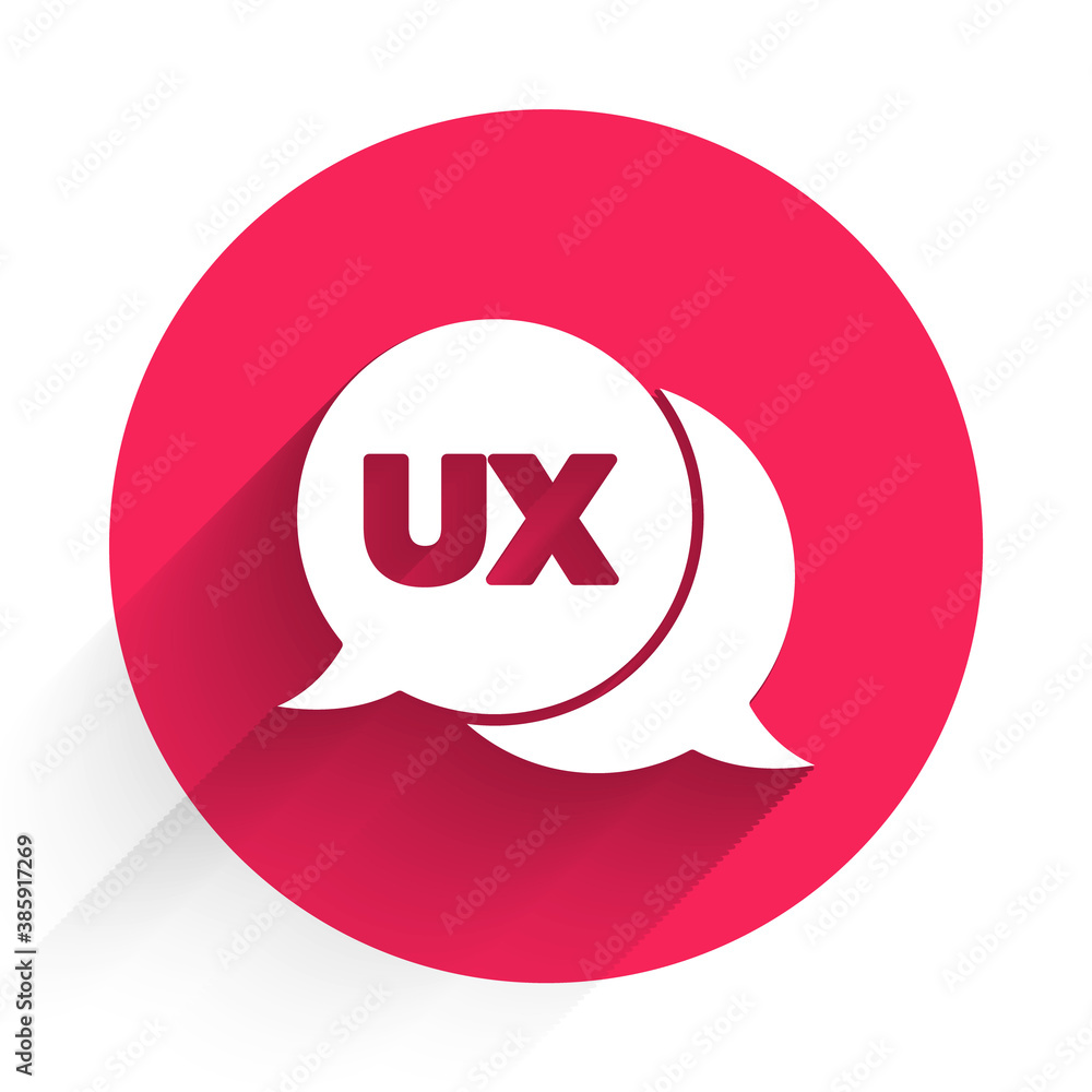 Poster white ui or ux design icon isolated with long shadow. red circle button. vector.