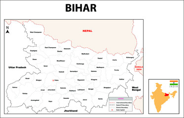 Bihar Map. Bihar District map. Bihar districts map with name labels in White background. Bihar district map with border name.
