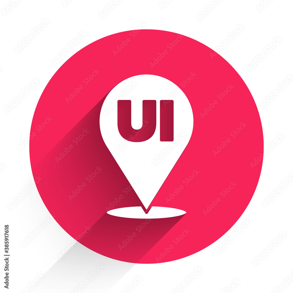 Poster White UI or UX design icon isolated with long shadow. Red circle button. Vector.