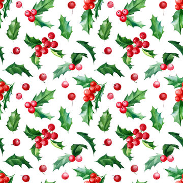 Christmas Seamless pattern, new year background, holly leaves and berries, watercolor hand drawn illustration