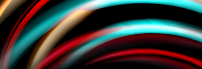 Dynamic motion abstract background. Color blurred stripes on black. Wave liquid lines poster. Vector illustration