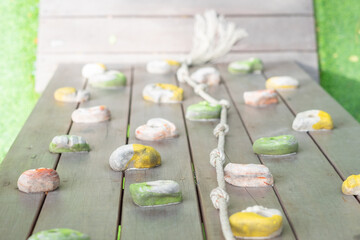Wooden climbing wall. Background. Playground.