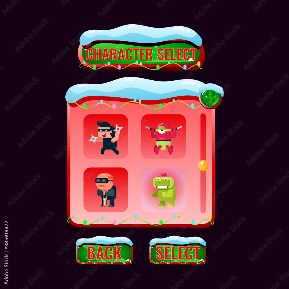 Poster Gui character selection interface with Christmas theme for game ui asset elements vector illustration