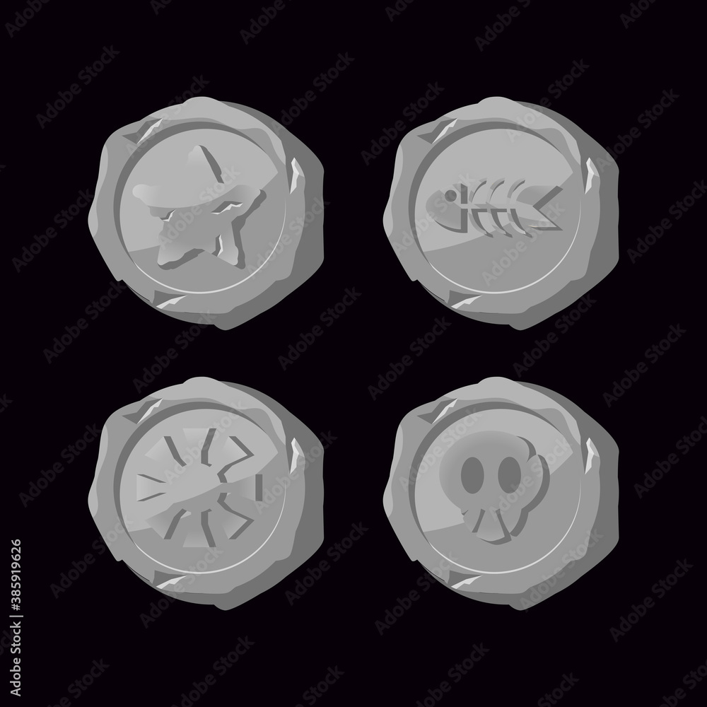 Poster set of gui stone coin icon for game ui asset elements vector illustration
