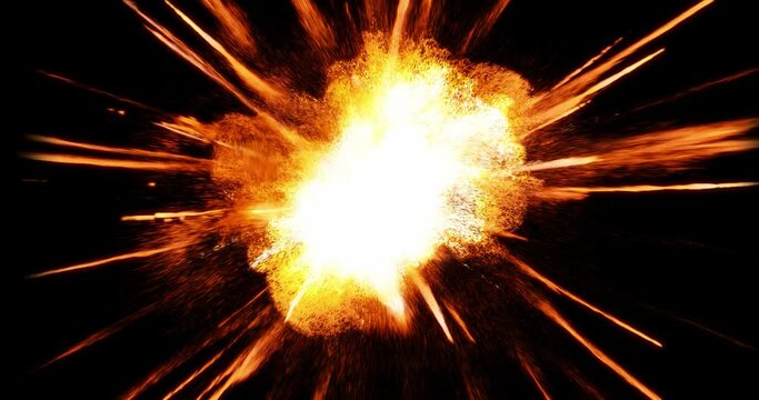 Mid air explosion, fireball with bursting projectile ejecting fuel, flames and smoke. 7 pyrotechnic gas explosion in 4K with separate  alpha matte at the end. realistic bomb detonation. 3D render