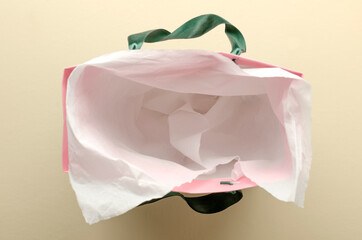 Top view of shopping bag and wrapping tissue paper.Empty space for text or design