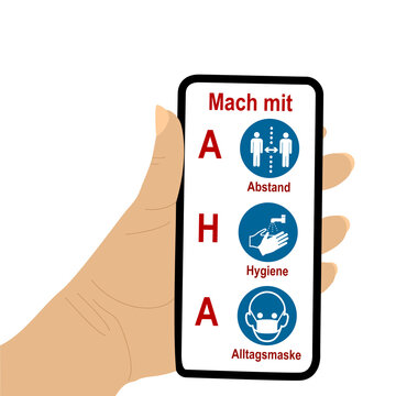 Hand hält Handy mit AHA-Formel.