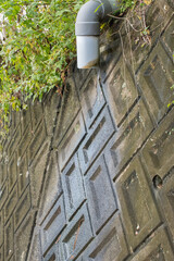 grass, concrete blocks and rainwater drain pipe