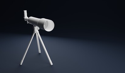 A white telescope on a blue background. A 3d render.