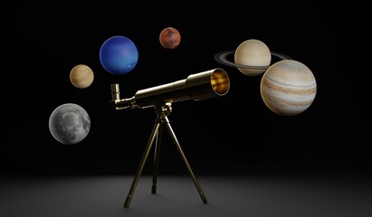 A golden telescope with planets of the Solar System around it. A 3d render.