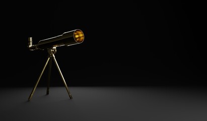 A golden telescope on a dark background. A 3d render.