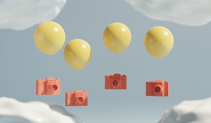 Cameras floating on balloons in the sky. A 3d render.