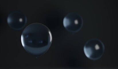Blue balloons on a dark background. A 3d render.