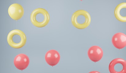 Red and yellow balloons and floaties. A 3d render.
