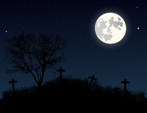 halloween night background. Night time cemetery landscape with full moon. Scary Happy Halloween concept on blue background.