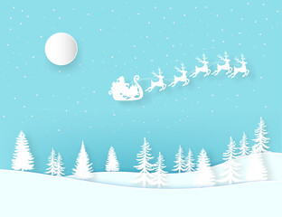Winter landscape with houses and trees.Santa Claus on the sky in winter season.Merry Christmas and Happy New Year. paper art design.Vector EPS 10.