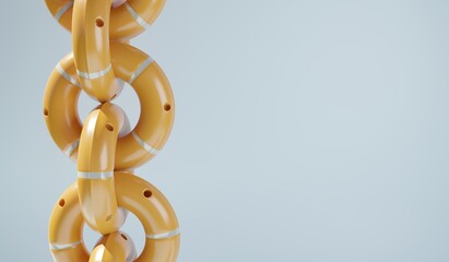 A chain made out of rescue wheels. A 3d render.