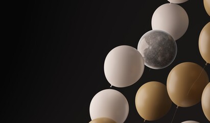 Little planet Mercury floating between balloons. A 3d render.
