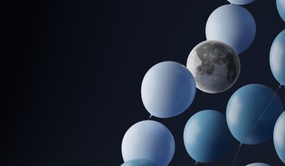 A little Moon Neptune floating between balloons. A 3d render.