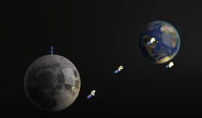 Little, toy rockets flying from the Earth to the Moon. 3d render.