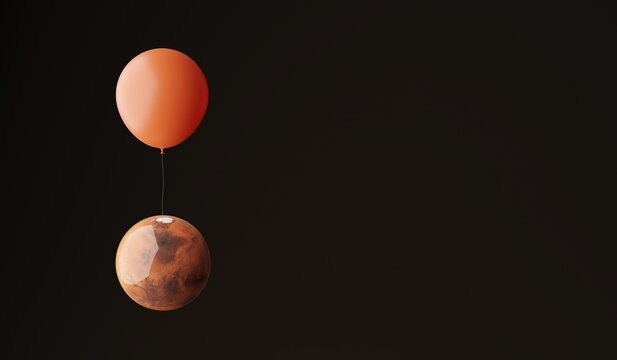 Planet Mars hung on a balloon. A 3d render.