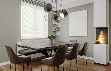 Modern italian design dining room with small fireplace and empty picture frame, mock-up, 3d rendering, 3d illustration