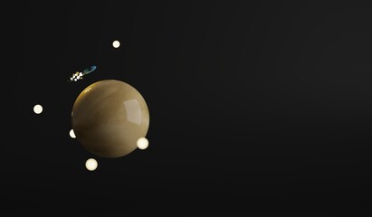 A toy planet Venus with a little rocket flying around it. A 3d render.
