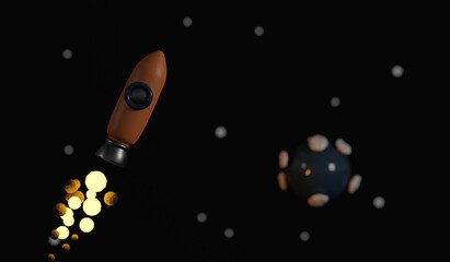 A toy rocket flying throught space. A  3d render.
