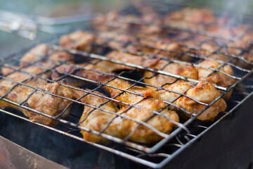 Closeup photo of chicken wings in tomato sauce, roasting in the grill rack on charcoal grill in hiking picnic. Selective focus with low grip