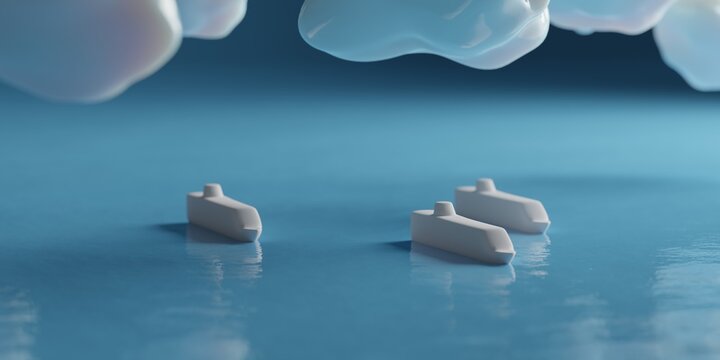 Toy ships on a tiny ocean, a 3d render.