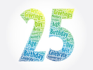 Happy 25th birthday word cloud, holiday concept background