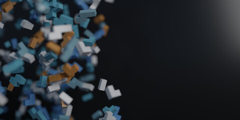 Geometric particles on a dark background. A 3d render.