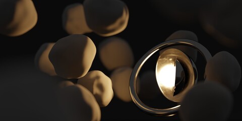 A star / lightulb encased in metallic shapes illuminating gray distorted spheres. A 3d render.