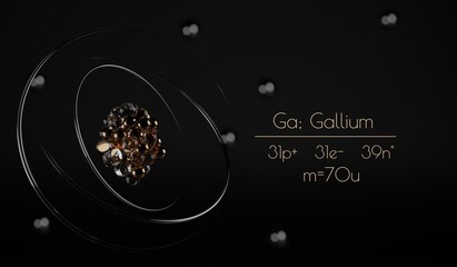 A stylized Gallium atom visualization, with the number of protons, neutrons, electrons and its name written next to it. A 3d render. - obrazy, fototapety, plakaty