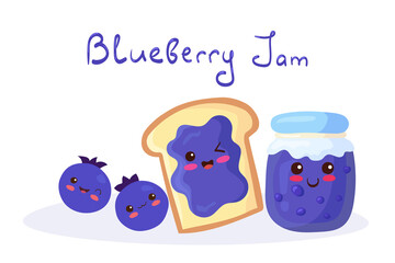 Kawaii vector illustration with blueberry Toast, Berries & Jam Jar isolated on white background. Funny smiling sweet food characters. Cute children menu concept, idea for print, cafe, card, poster.