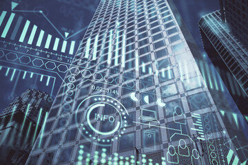 Double exposure of technology theme hologram and cityscape background. Concept of Hightech.