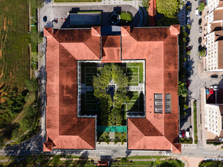 Top down Aerial view of business shop lot building