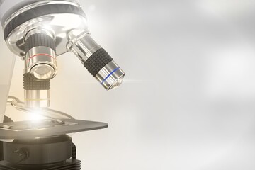 physic development concept, lab electronic scientific microscope with flare on soft focus background - object 3D illustration