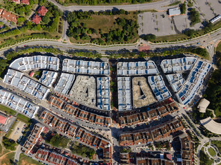 Top down Aerial view of business shop lot building