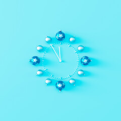 Happy New Year concept on blue background. Clock with Christmas balls 3d render 3d illustration