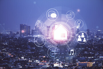 Double exposure of buildings hologram over cityscape background. Concept of smart city.