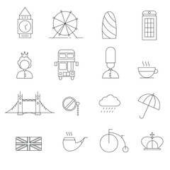 A set of London icons. England line symbols collection. Mobile app elements.