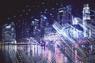 Double exposure of buildings hologram over cityscape background. Concept of smart city.