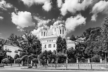 Annunciation church (Buna vestire) orthodox church in the center of Brasov, Transylvania, Romania in black & white