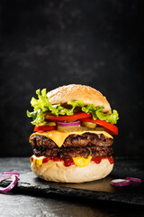 Fresh tasty double hamburger on black background.